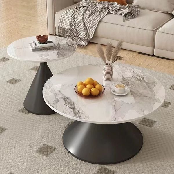 cặp bàn sofa mặt đá tròn, cặp 2 bàn sofa khung chân sắt xòe