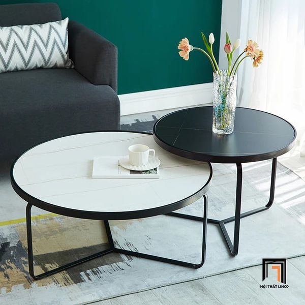 cặp bàn trà mặt đá đen trắng xinh xắn, cặp 2 bàn sofa phòng khách khung chân sắt