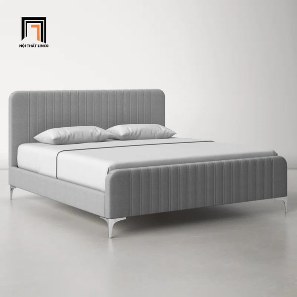 giường, giường ngủ 1m6 x 2m, giường ngủ bọc vải xám giá rẻ, giường ngủ chân inox bạc xinh xắn