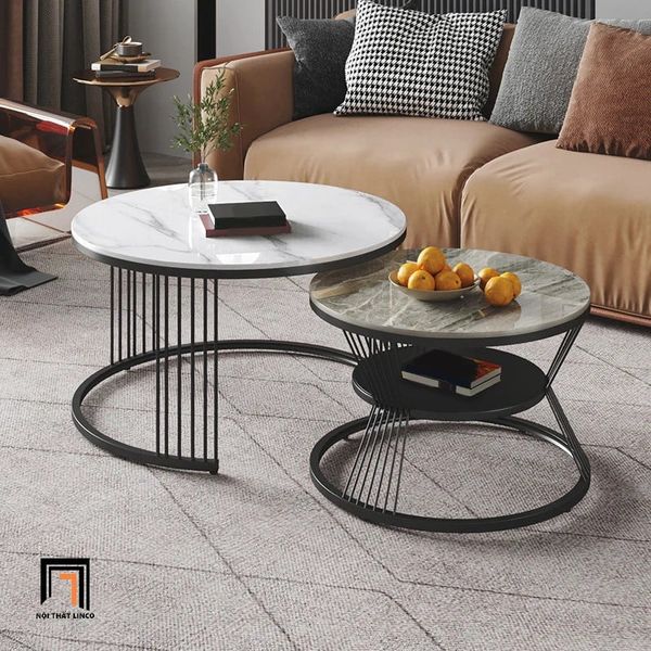 cặp bàn sofa đôi mặt đá trắng khung chân sắt vàng, cặp 2 bàn sofa cho văn phòng