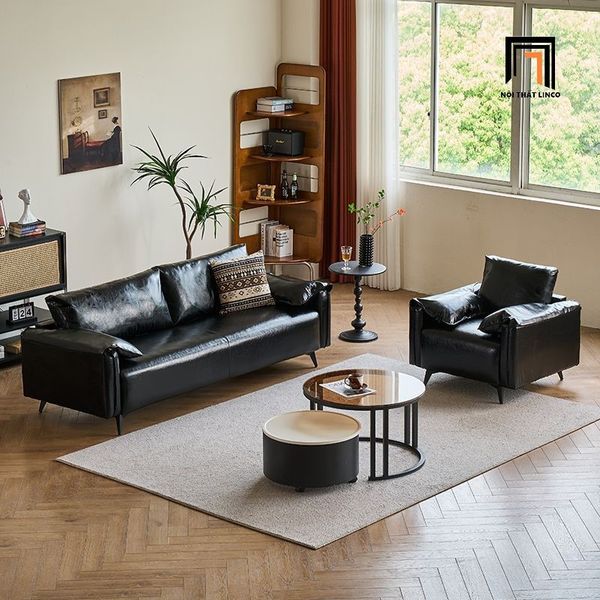 bộ 2 ghế sofa phòng khách cao cấp, set ghế sofa bọc da Pu bóng màu đen