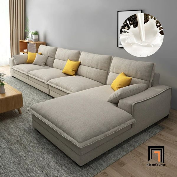 bộ ghế sofa góc L 3m45 x 1m8, sofa góc L vải nỉ màu trắng kem, sofa góc phòng khách gia đình lớn