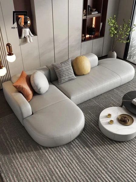 sofa góc chữ L nệm cong, sofa góc phòng khách 2m5 x 1m5 da giả đẹp