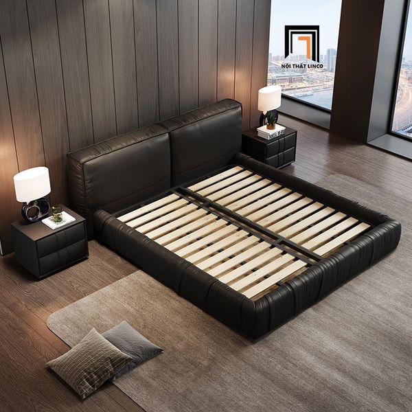 giường ngủ bọc da pu bóng đen, giường ngủ 1m6 x 2m sang trọng, giường ngủ cao cấp