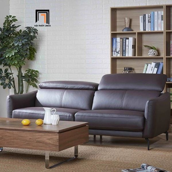 ghế sofa góc L da bóng màu nâu, bộ ghế sofa góc 2m4 x 1m6 kê đầu gật gù
