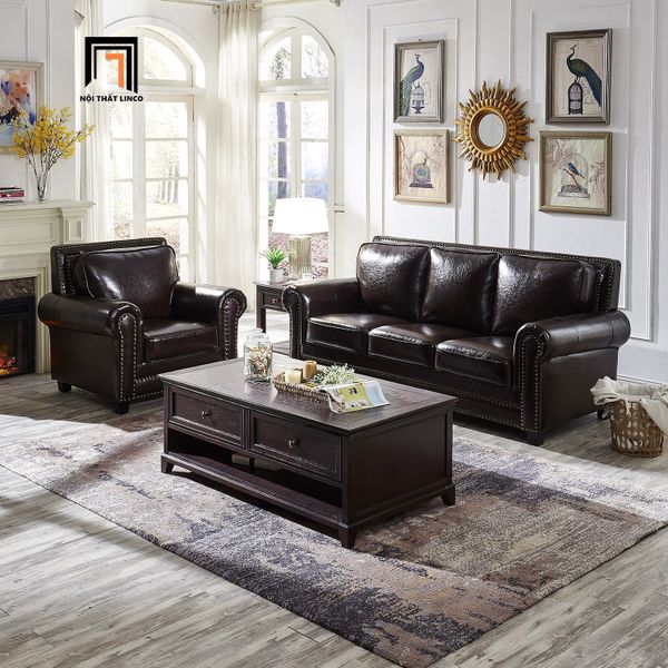 sofa, ghế sofa, sofa băng da nâu đậm, sofa băng tân cổ điển, ghế sofa băng 2m1, sofa băng da sang trọng