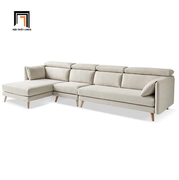 bộ ghế sofa góc L vải nỉ trắng kem, set ghế sofa góc phòng khách 3m x 1m6 kê đầu gật gù