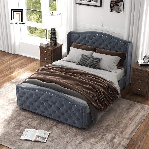 giường, giường ngủ vải nỉ xám, giường ngủ phong cách Âu Mỹ, giường ngủ 1m6 x 2m, giường giật nút