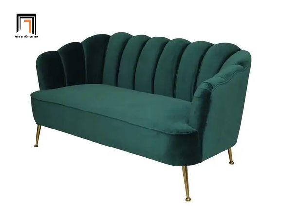 sofa văng cong cho shop tiệm, sofa băng vải nhung màu xanh lá, sofa băng dài 2m2 cho shop tiệm