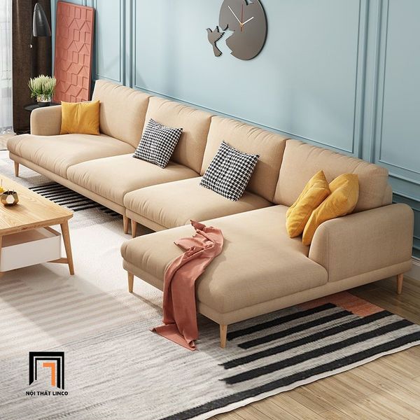 bộ ghế sofa góc L 2m4 x 1m6 màu kem vải nỉ nhung, bộ sofa phòng khách gia đình giá rẻ