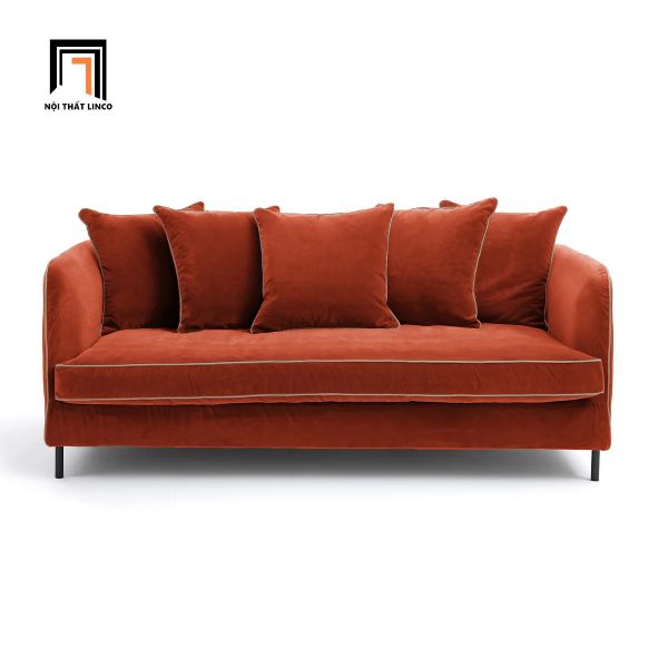 ghế sofa băng vải nhung màu cam, sofa băng dài 2m chạy viền trắng nổi bật, sofa băng hiện đại