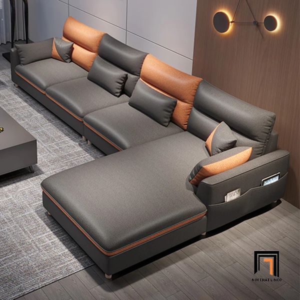 ghế sofa góc chữ l 2m4 x 1m6, bộ ghế sofa gia đình phối màu da giả xinh xắn