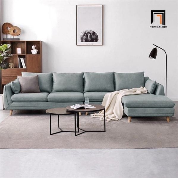 sofa góc L bọc da màu xanh mint, ghế sofa góc gia đình 3m x 1m6 phòng khách đẹp