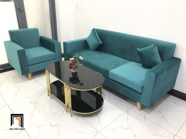 bộ ghế sofa phòng khách giá rẻ, set ghế sofa văn phòng màu xanh lá vải nhung xinh xắn