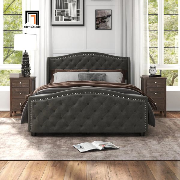 giường, giường ngủ vải nỉ xám, giường ngủ phong cách Âu Mỹ, giường ngủ 1m6 x 2m, giường giật nút