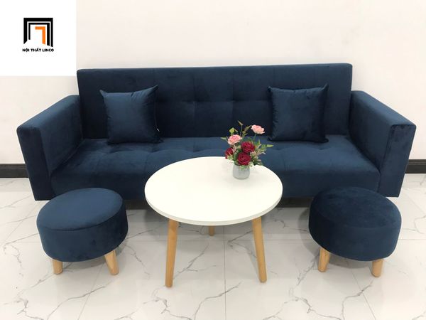 bộ ghế sofa giường nằm dài 2m, ghế sofa băng giường gấp gọn màu xanh đậm, ghế sofa giường vải nhung