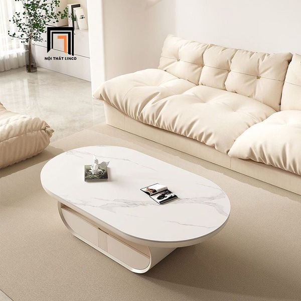 bàn sofa phòng khách oval mặt đá trắng, bàn sofa 1m1 x 60 kiểu cong đẹp