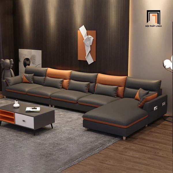 ghế sofa góc chữ l 2m4 x 1m6, bộ ghế sofa gia đình phối màu da giả xinh xắn