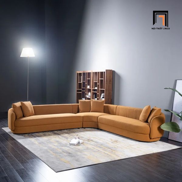 bộ ghế sofa góc cong vải nhung màu cam 2m4 x 2m4, sofa góc phòng khách sang trọng
