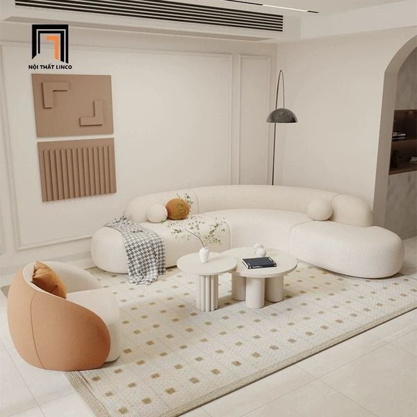 bộ ghế sofa góc L cong 2m5 x 2m1, sofa góc xinh xắn vải lông cừu màu trắng
