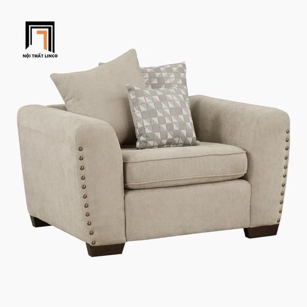 bộ ghế sofa đính nút đồng nổi, set ghế sofa phòng khách vải bố màu ghi