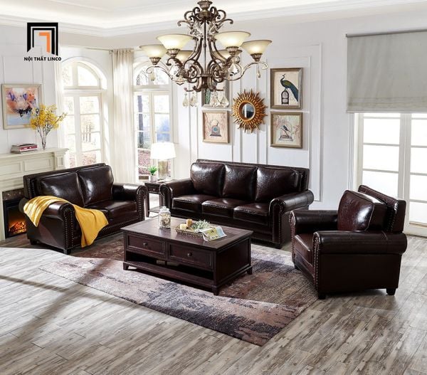 bộ ghế sofa phòng khách cao cấp, set ghế sofa kiểu dáng tân cổ điển màu nâu đen