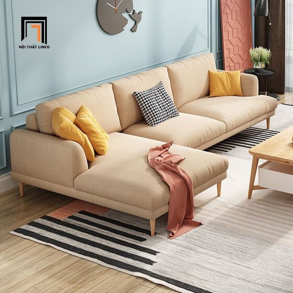 bộ ghế sofa góc L 2m4 x 1m6 màu kem vải nỉ nhung, bộ sofa phòng khách gia đình giá rẻ
