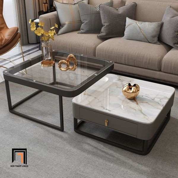 cặp bàn sofa phòng khách mặt đá vuông sang trọng, cặp 2 bàn sofa gia đình khung chân sắt