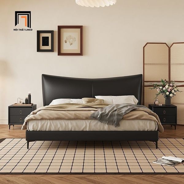 giường ngủ, giường, giường ngủ bọc da màu xám đậm, giường ngủ cao cấp, giường ngủ 1m6 x 2m
