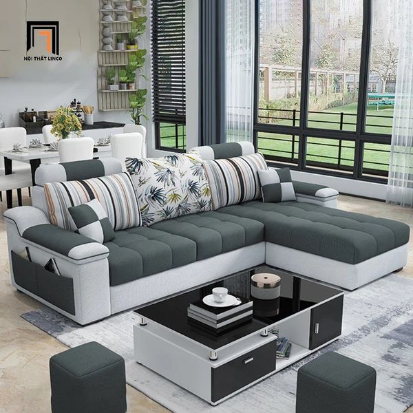ghế sofa góc L 2m4 x 1m6 giá rẻ, bộ ghế sofa phòng khách gia đình, sofa góc l phối màu vải hiện đại
