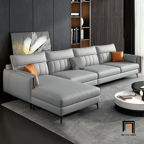bộ ghế sofa cho phòng khách lớn 3m4 x 1m8, sofa góc da công nghiệp màu xám đen, sofa góc L sang trọng