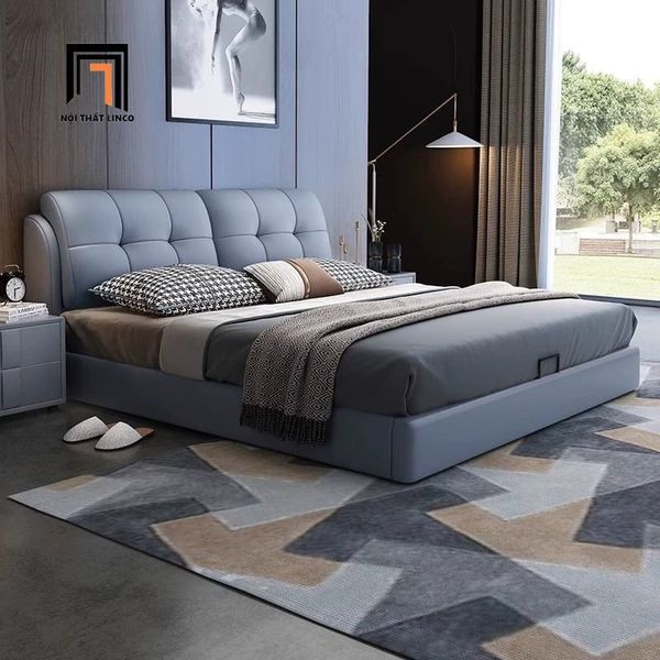 giường ngủ da giả màu xám trắng, giường ngủ bọc đệm 1m6 x 2m, giường ngủ cho căn hộ cao cấp, giường