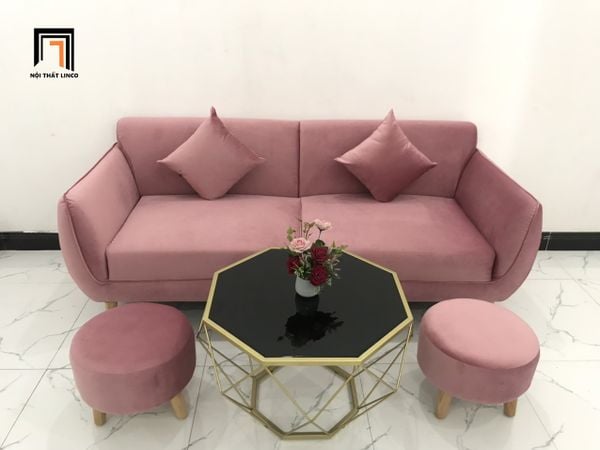 bộ ghế sofa văng vải nhung màu hồng phấn giá rẻ, sofa băng cho shop tiệm xinh xắn