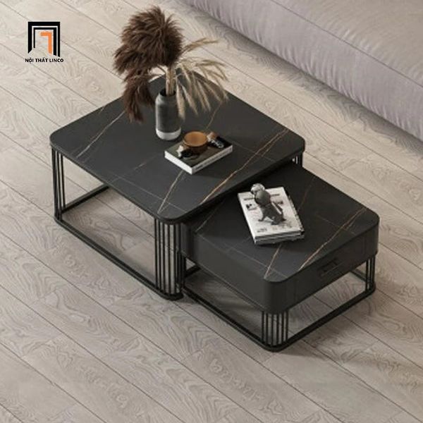 cặp bàn trà mặt đá xám vuông, cặp 2 bàn sofa phòng khách hiện đại