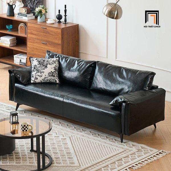 bộ 2 ghế sofa phòng khách cao cấp, set ghế sofa bọc da Pu bóng màu đen