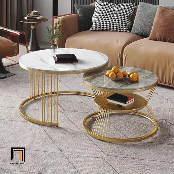 cặp bàn sofa đôi mặt đá trắng khung chân sắt vàng, cặp 2 bàn sofa cho văn phòng