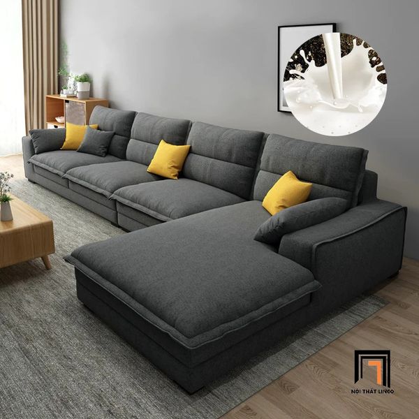 bộ ghế sofa góc L 3m45 x 1m8, sofa góc L vải nỉ màu trắng kem, sofa góc phòng khách gia đình lớn