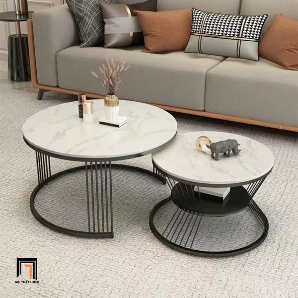 cặp bàn sofa đôi mặt đá trắng khung chân sắt vàng, cặp 2 bàn sofa cho văn phòng