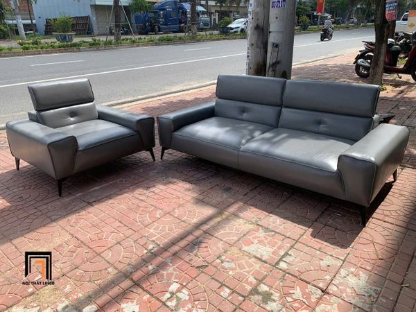 bộ ghế sofa phòng khách hiện đại, combo 2 ghế sofa gật gù bọc da giả xám
