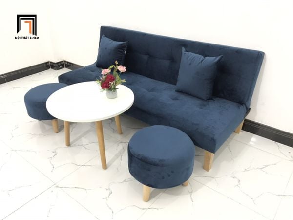 bộ ghế sofa giường giá rẻ, ghế sofa đa năng màu xanh đậm vải nhung, bộ ghế sofa 1m7 cho phòng trọ