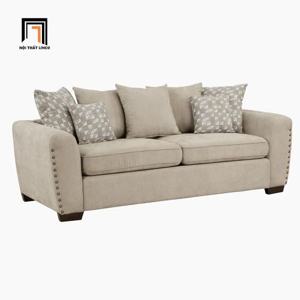 bộ ghế sofa đính nút đồng nổi, set ghế sofa phòng khách vải bố màu ghi