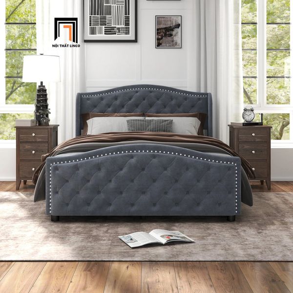 giường, giường ngủ vải nỉ xám, giường ngủ phong cách Âu Mỹ, giường ngủ 1m6 x 2m, giường giật nút