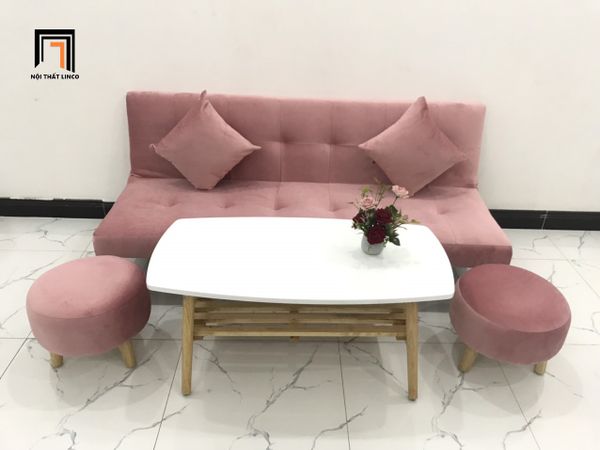 bộ ghế sofa giường nhỏ gọn 1m72 giá rẻ, ghế sofa bed màu hồng phấn cho tiệm shop nhỏ