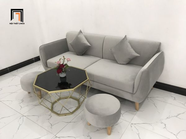 bộ ghế sofa băng phòng khách giá rẻ, ghế sofa văng màu xám trắng vải nhung dài 1m9