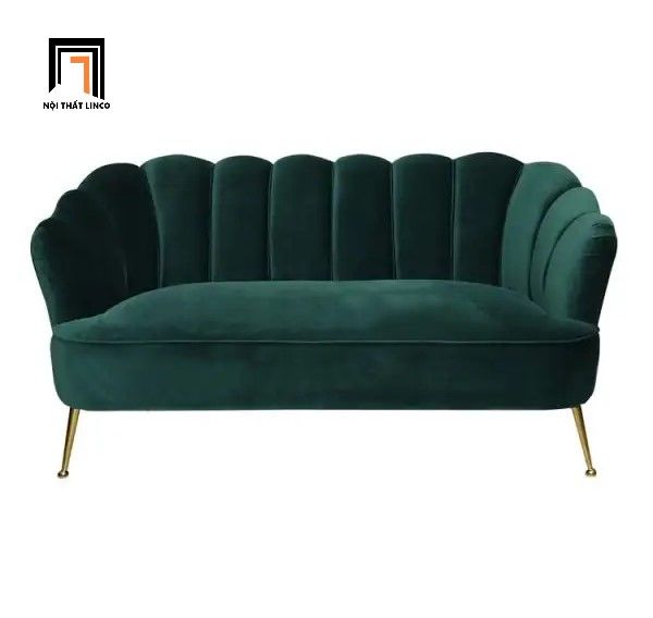 sofa văng cong cho shop tiệm, sofa băng vải nhung màu xanh lá, sofa băng dài 2m2 cho shop tiệm