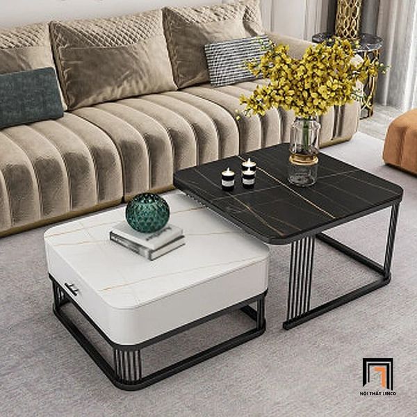 cặp bàn trà mặt đá xám vuông, cặp 2 bàn sofa phòng khách hiện đại