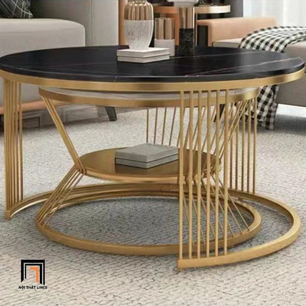 cặp bàn sofa đôi mặt đá trắng khung chân sắt vàng, cặp 2 bàn sofa cho văn phòng