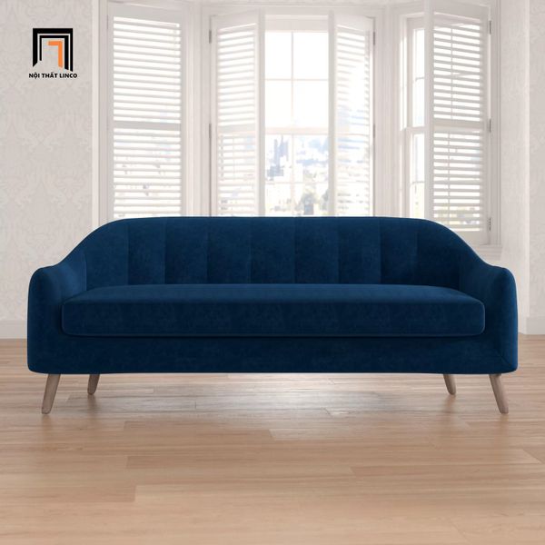 sofa văng dài 2m màu xanh dương đậm vải nhung, ghế sofa băng cho shop tiệm xinh