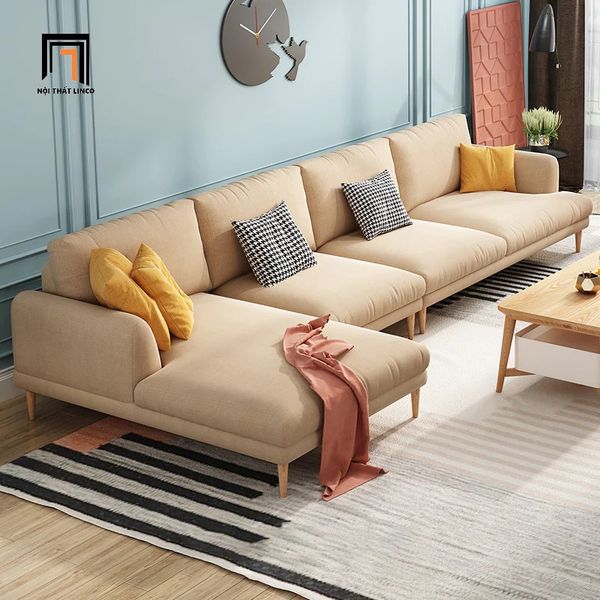 bộ ghế sofa góc L 2m4 x 1m6 màu kem vải nỉ nhung, bộ sofa phòng khách gia đình giá rẻ