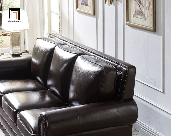 bộ ghế sofa phòng khách cao cấp, set ghế sofa kiểu dáng tân cổ điển màu nâu đen
